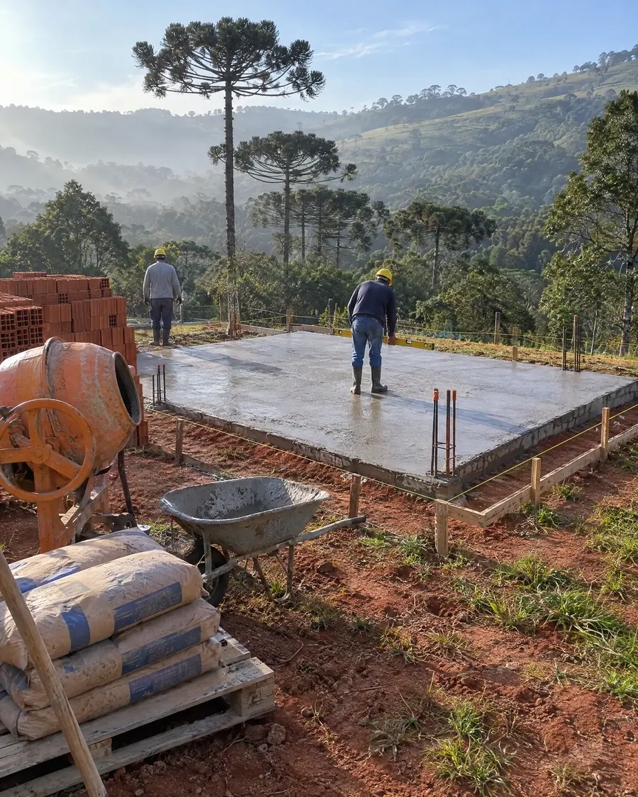 Finished concrete foundation with batter boards and string lines marking the cabin on the lot