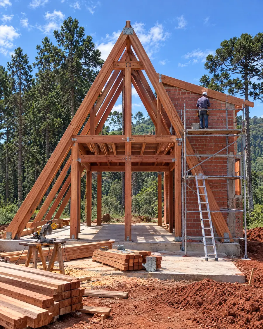A-frame timber structure raised, with the mezzanine and the brick side wall going up