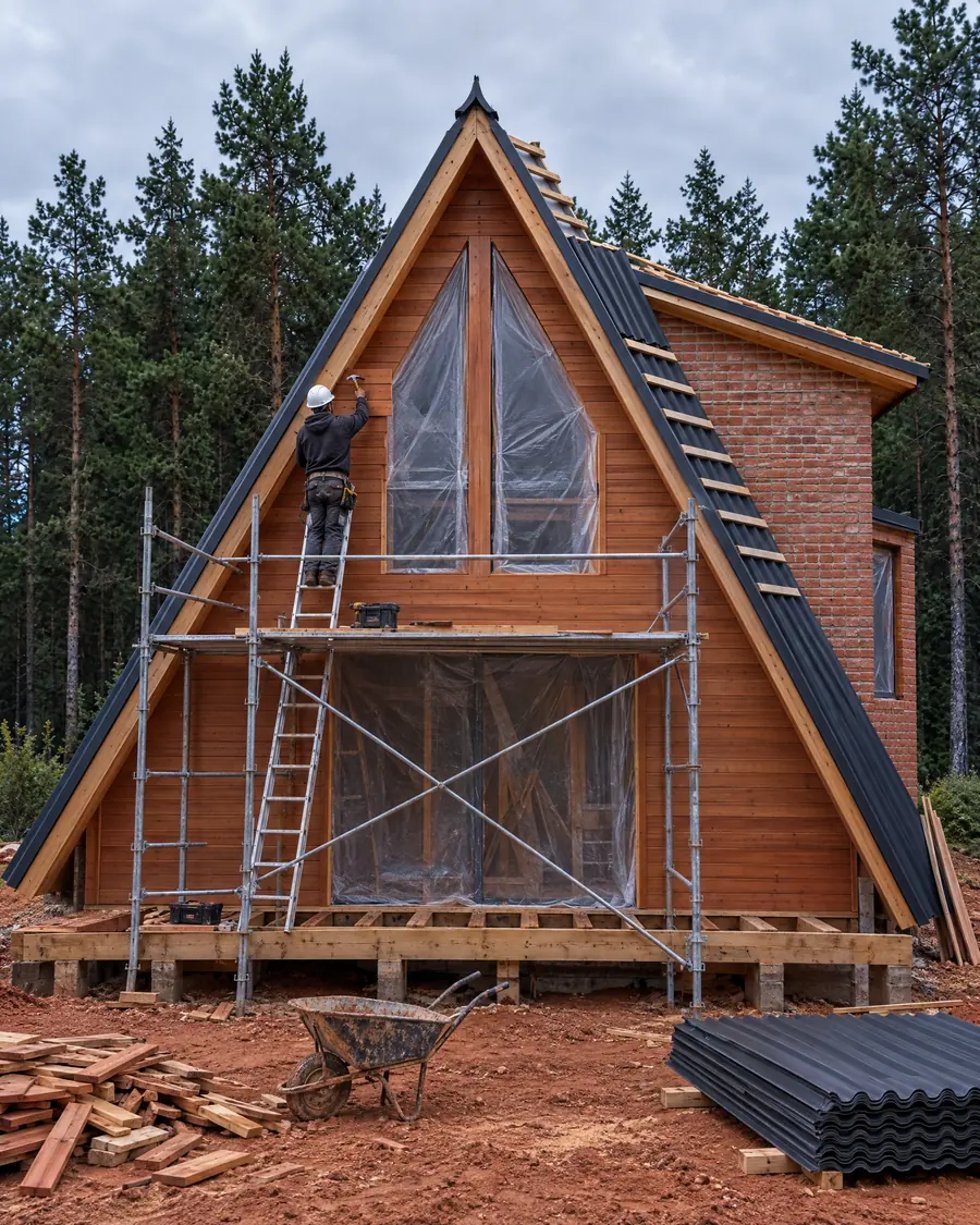 Cabin getting its roofing and wood siding, with scaffolding in front