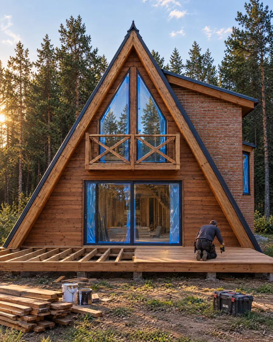Cabin almost finished, with the glass installed and the wooden deck being built