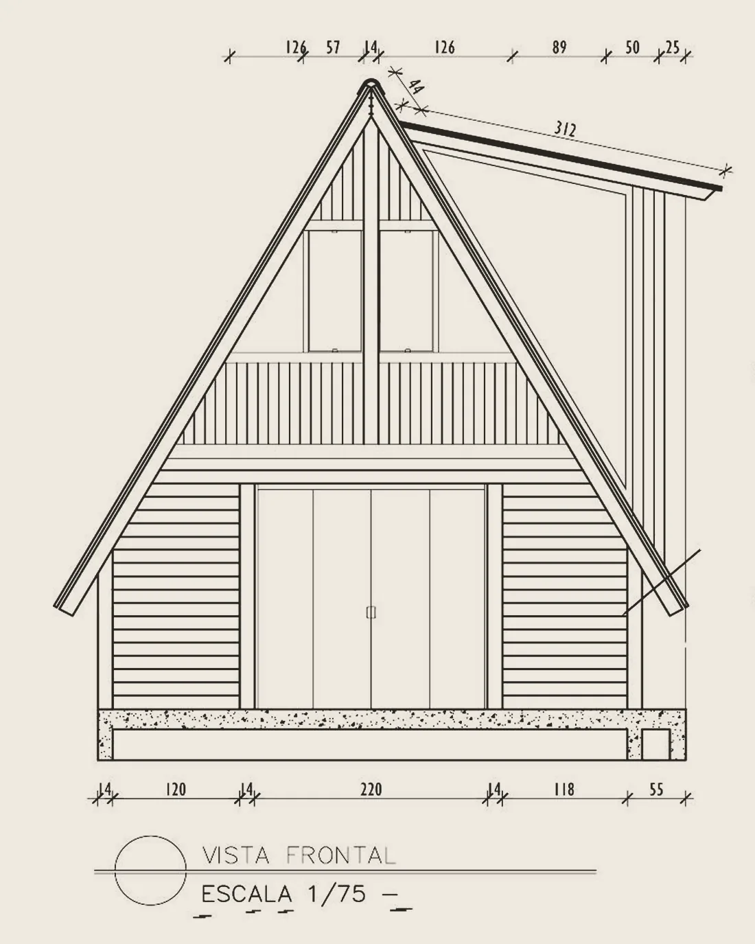 Technical drawing of the cabin's front elevation, scale 1:75