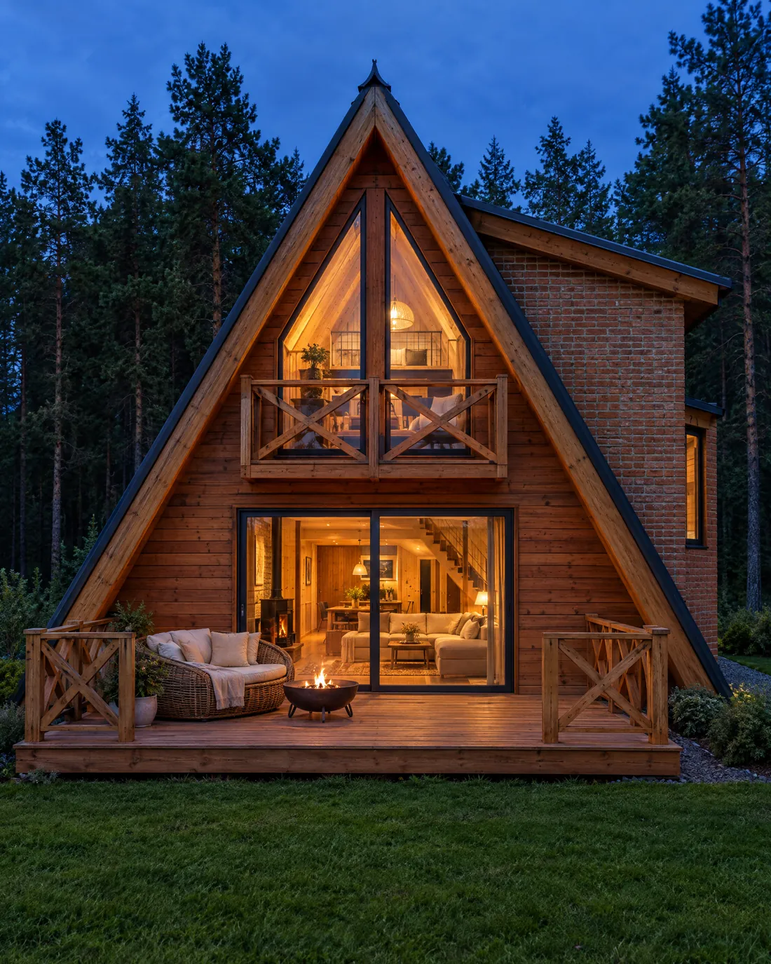 Finished cabin, front view at dusk