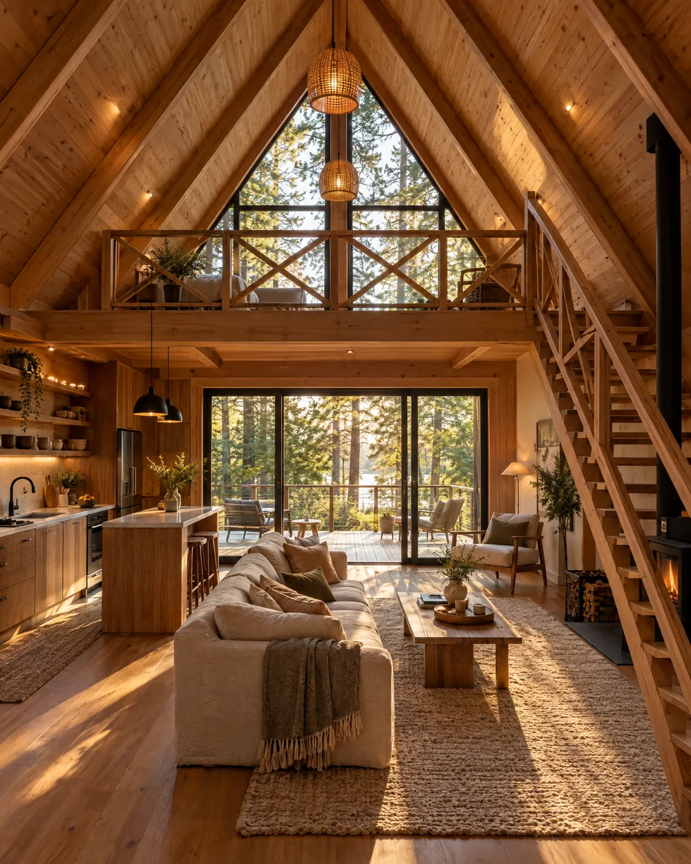 Double-height living room with open kitchen, stairs and mezzanine