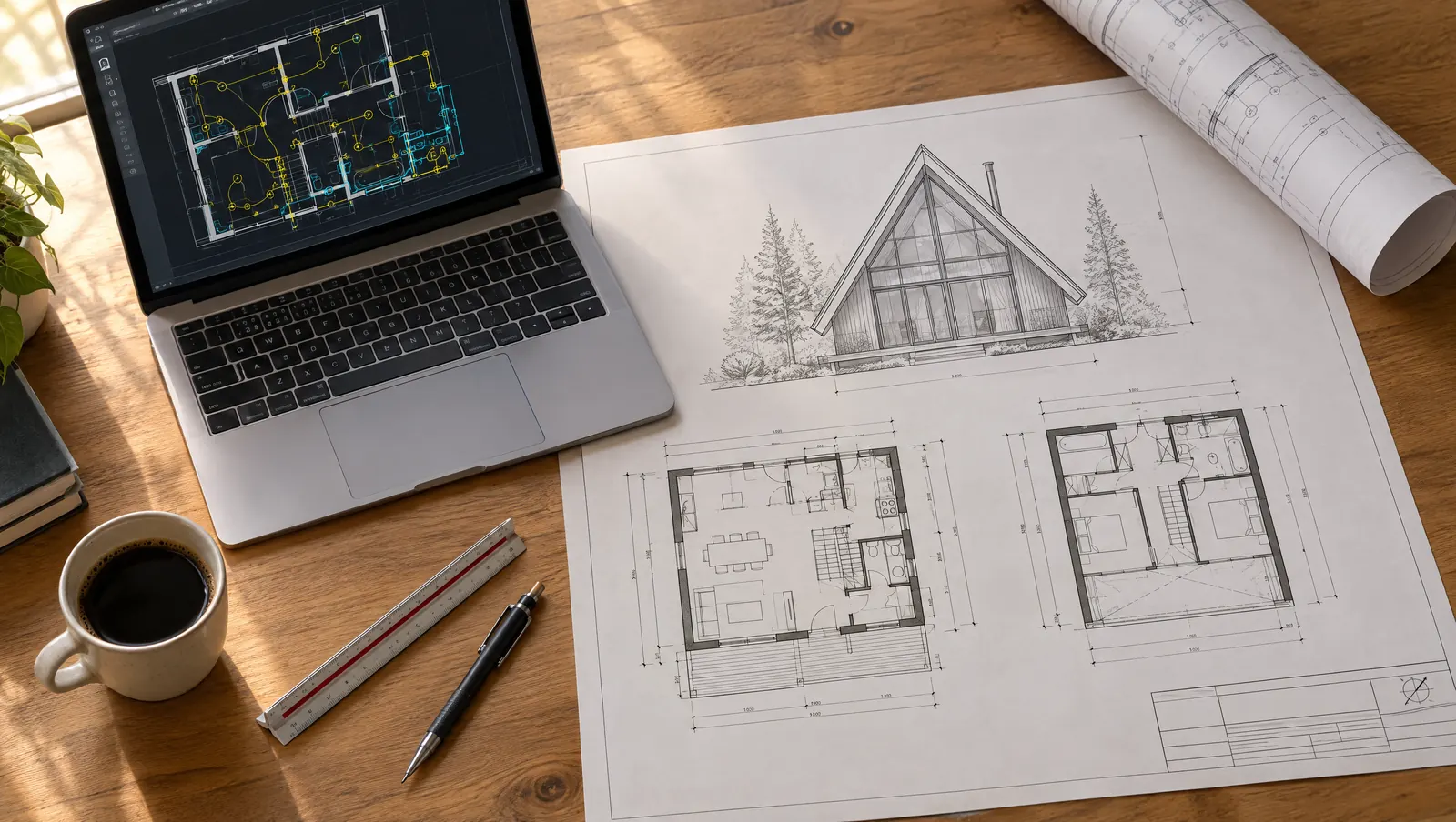 Laptop with the CAD plan open next to the printed plan sheets of the A-frame cabin