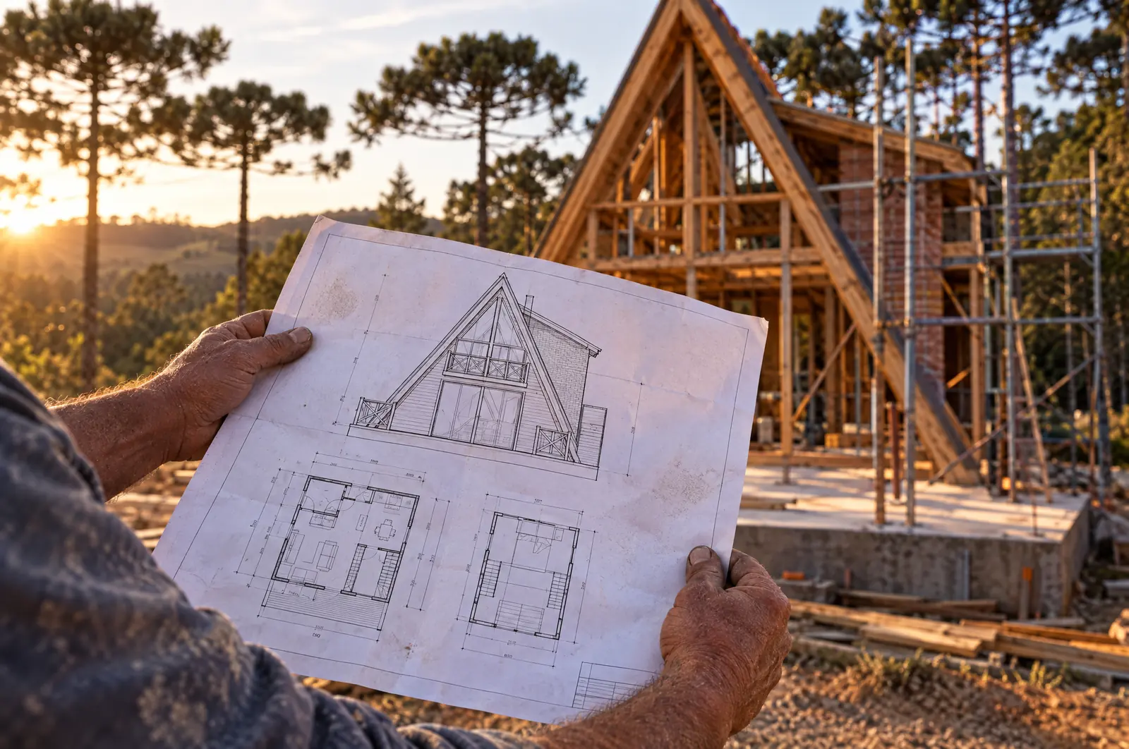 Builder holding the printed A-frame cabin sheet in front of the timber structure under construction